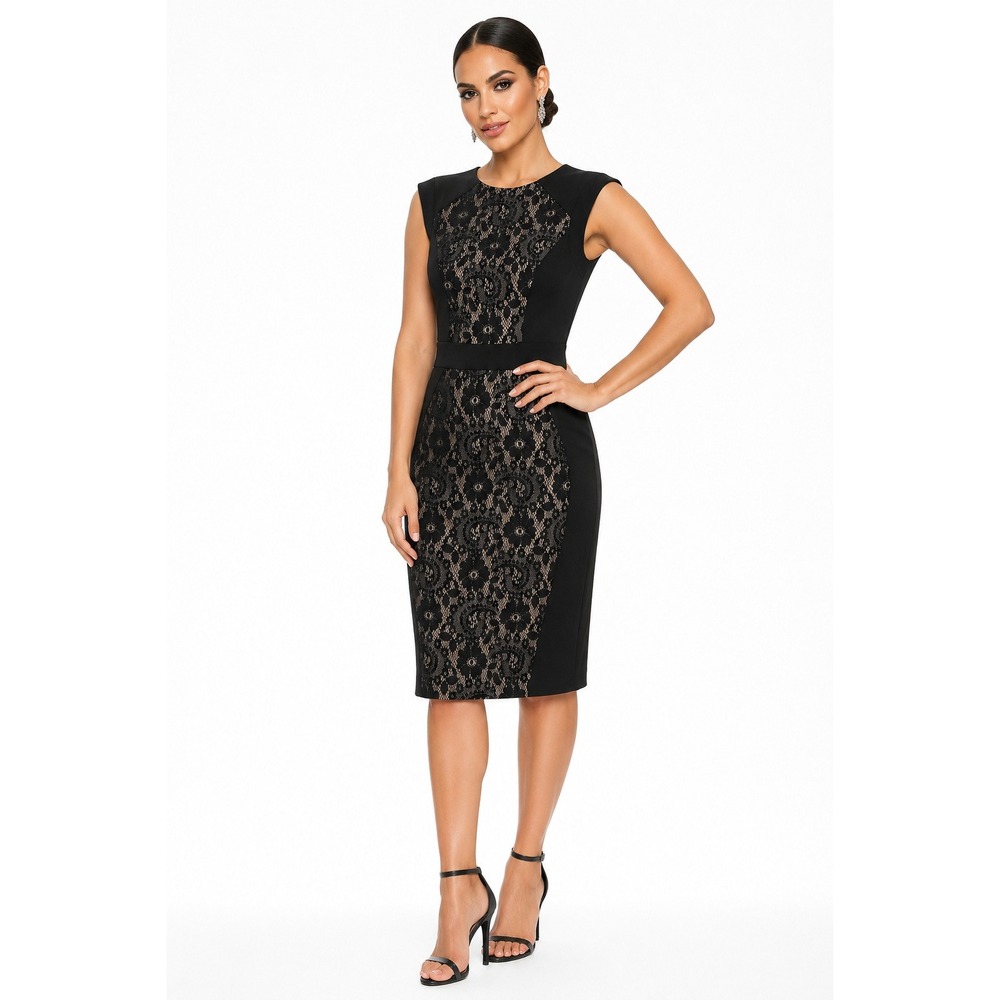 Adrianna Papell Black Lace Blocked Sheath Dress Sleeveless Size 4 NWT